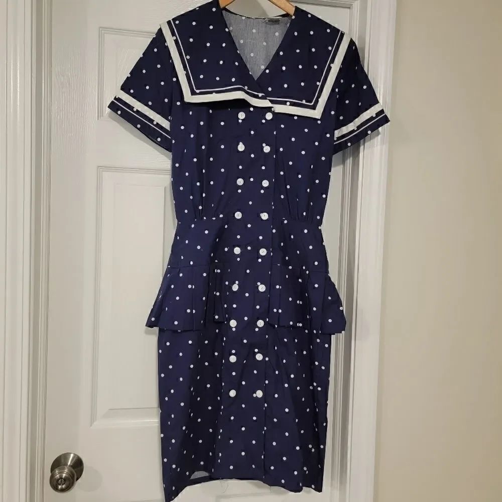 Vtg 80’s Navy Polka Dot Button Down Midi Dress 7/8